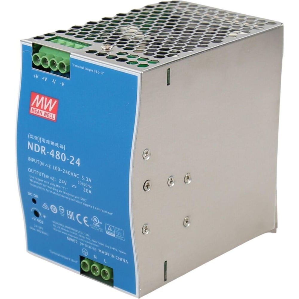 Блок питания на DIN-рейку MEAN WELL NDR-480-24 480 Вт 24 В 20 А модульный для промышленного оборудования и автоматизации производства, с регулировкой напряжения, встрое 1927828