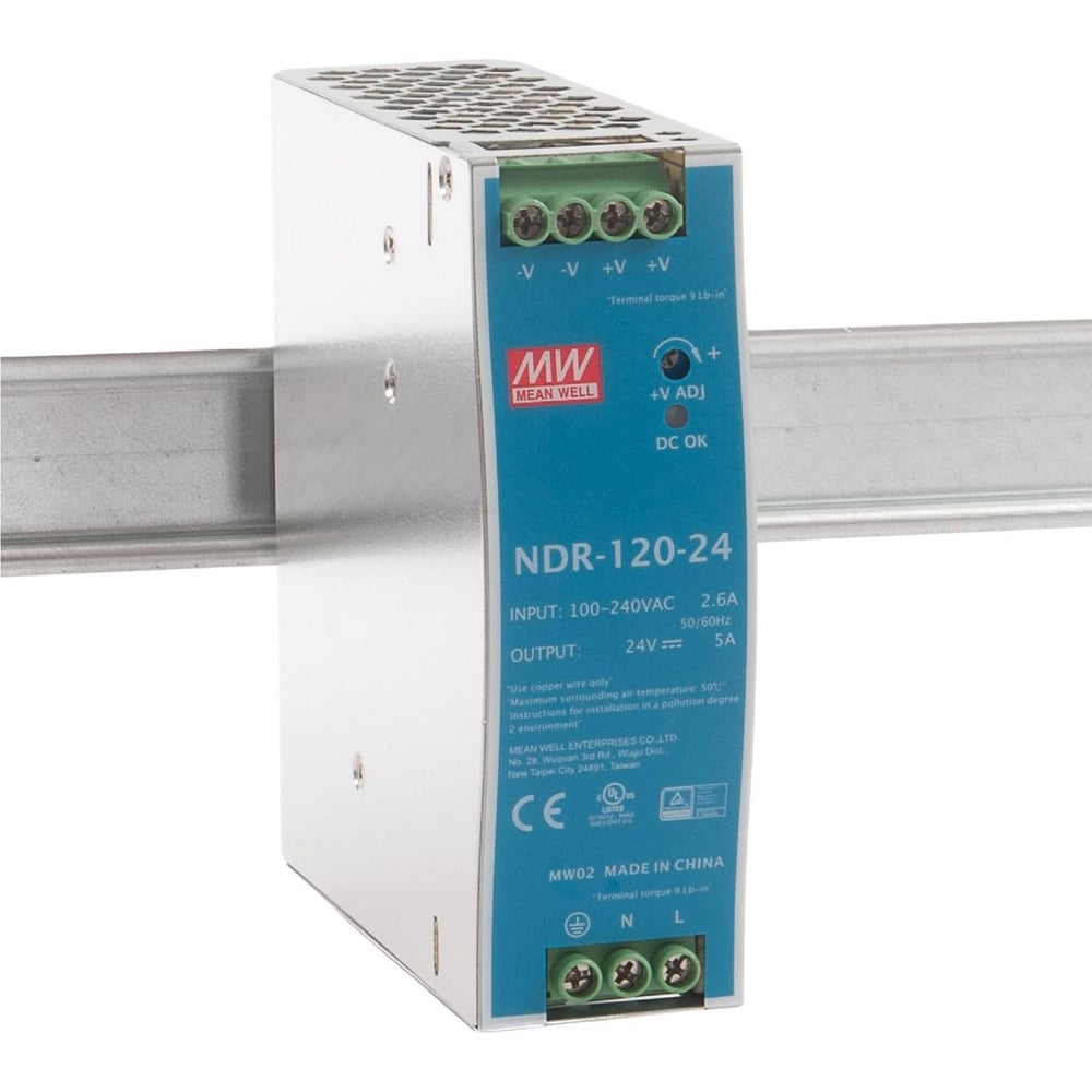 Блок питания на DIN-рейку Mean Well NDR-120-24 120 Вт 24 В 5 А модульный для промышленного оборудования и автоматизации производства, с регулировкой напряжения, 1369758
