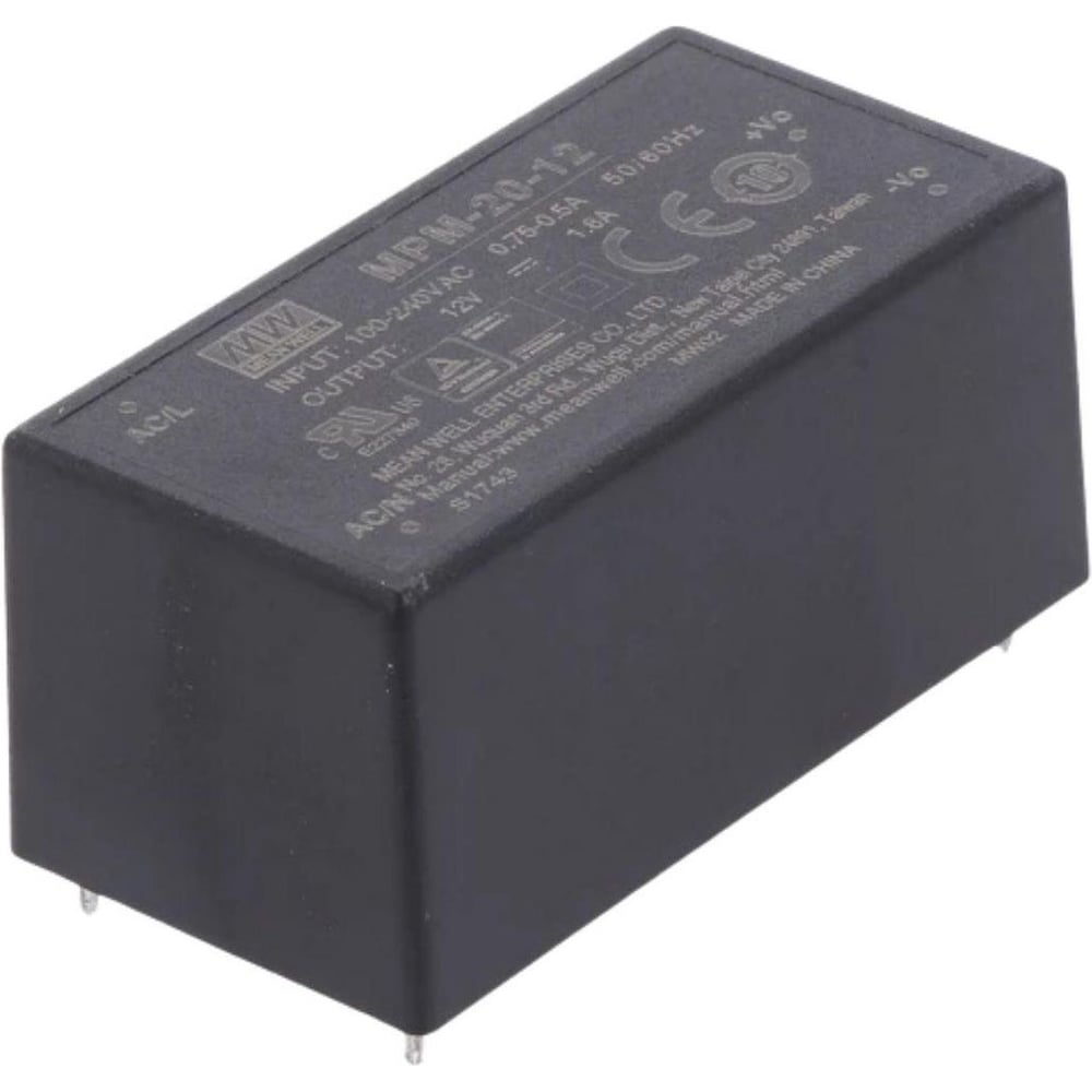 Блок питания в корпусе на печатную плату изолированный MEAN WELL MPM-20-12 ЭМС по классу B, для медицинских устройств EN60601-1 (2xMOPP), AC/DC 21.6 Вт 12 В 3176820