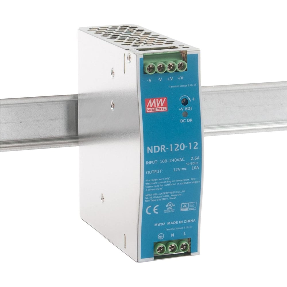 Блок питания на DIN-рейку MEAN WELL NDR-120-12 120Вт 12В 10А модульный с регулировкой напряжения, встроенным ККМ и защитами, для промышленного оборудования и автоматиза 1369757