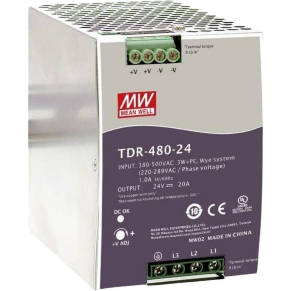 Блок питания на DIN-рейку MEAN WELL TDR-480-24 480Вт 24В 20А 3-фазный, с возможностью 2-фазного подключения, со стабилизацией напряжения, активной функцией ККМ 2272969