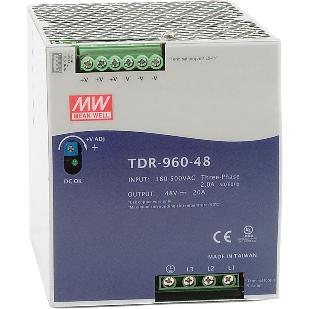 Блок питания на DIN-рейку MEAN WELL TDR-960-48 960 Вт 48 В 20 А 3-фазный, с возможностью 2-фазного подключения, со стабилизацией напряжения, активной функцией ККМ 1083450