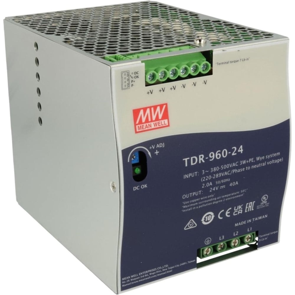 Блок питания на DIN-рейку MEAN WELL TDR-960-24 960 Вт 24 В 40 А 3-фазный, с возможностью 2-фазного подключения, со стабилизацией напряжения, активной функцией ККМ 1083447