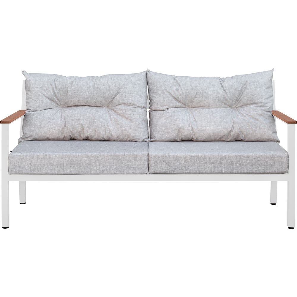 Диван уличный GreenWeen SANTORINI, алюминий белый, бежево-серая рогожка, тик GW-AL-SANT-SOFA-1800W-TEAK