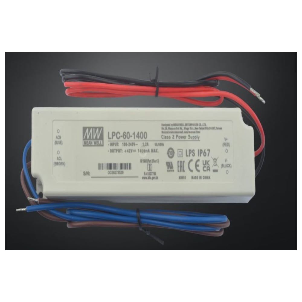 Изображение товара Светодиодный драйвер для наружного освещения MEAN WELL LPC-60-1400 IP67 60 Вт 42 В 1.4 А 317219 Изображение товара Светодиодный драйвер для наружного освещения MEAN WELL LPC-60-1400 IP67 60 Вт 42 В 1.4 А 317219
