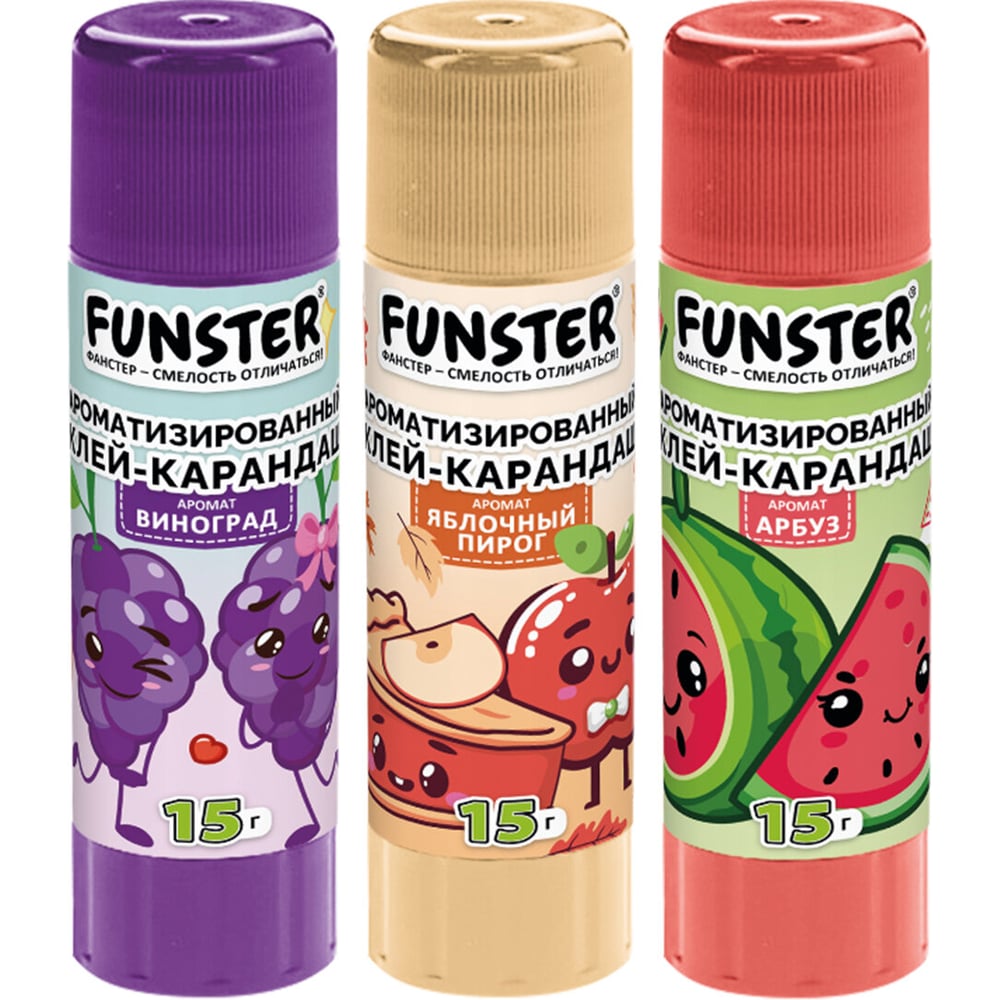 Изображение товара Клей-карандаш ароматизированный FUNSTER (ФАНСТЕР) (ябл пирог, арбуз, виноград), 15 г, 3шт/блистер 274270