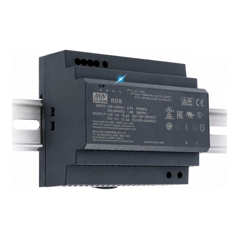 Блок питания на DIN-рейку MEAN WELLHDR-150-24 150Вт 24В 6,25А, компактный размер, со светодиодной индикацией сети и комплексом защит, не требующий заземления, для умно 3412066