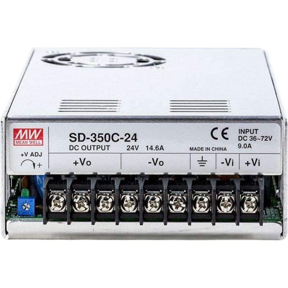 Блок питания DC/DC MEAN WELL SD-350C-24 в кожухе на шасси 350 Вт с выходом 24 В, широкий диапазон входного напряжения 19-72 В DC, с вентилятором, для оборудования с нест 63903