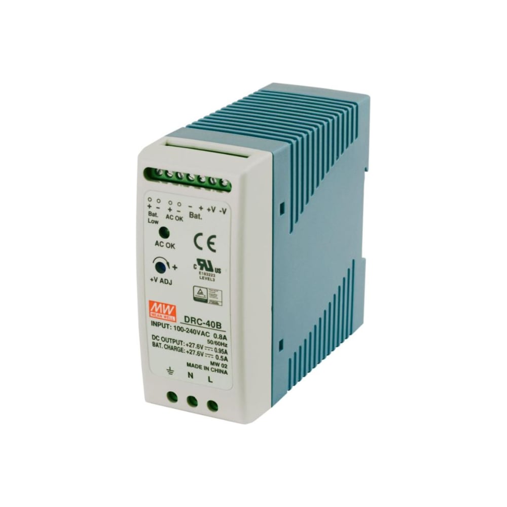 Блок питания с UPS на DIN-рейку MEAN WELL DRC-40B, 40Вт 27,6В 0,95А с индикатором DC OK и комплексом защит, пассивное охлаждение, контроллер заряда и разряда АКБ, сухой 1369847