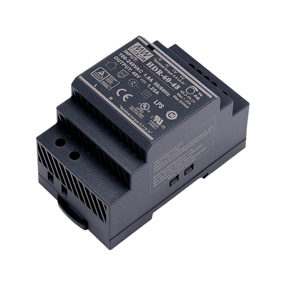 Блок питания на DIN-рейку MEAN WELLHDR-60-48, AC/DC 60 Вт 48 В 1,25 А тонкий 52,5 мм (3 SU), со светодиодной индикацией сети и комплексом защит, не требующий заземлени 2272910