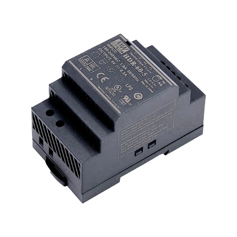Блок питания на DIN-рейку MEAN WELLHDR-60-5 AC/DC 32,5 Вт 5 В 6,5 А тонкий 52,5 мм (3 SU) со светодиодной индикацией сети и комплексом защит, не требующий заземления, 2272902