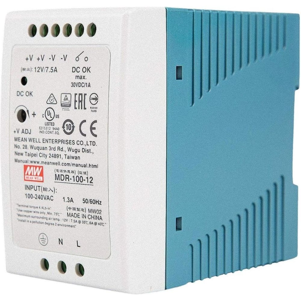 Блок питания на DIN-рейку MEAN WELL MDR-100-12 90Вт 12В 7,5А с регулировкой напряжения, модульный, для промышленного оборудования и автоматизации производства 283466