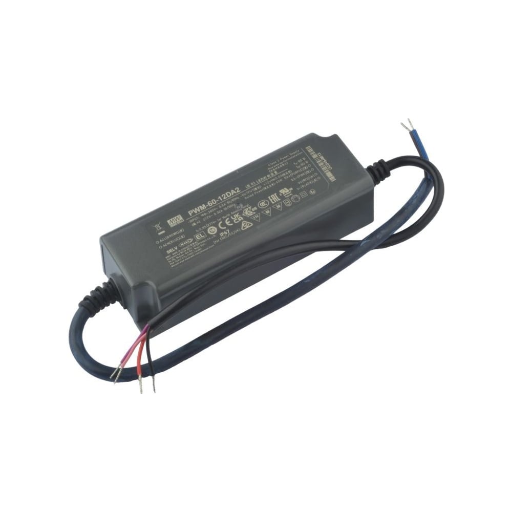 Изображение товара Светодиодный драйвер MEAN WELL PWM-60-12DA2 60Вт 12В 5А для наружного и внутреннего освещения, защита IP67, димминг DALI, активная коррекция коэффициента мощности, пласт 5500860 Изображение товара Светодиодный драйвер MEAN WELL PWM-60-12DA2 60Вт 12В 5А для наружного и внутреннего освещения, защита IP67, димминг DALI, активная коррекция коэффициента мощности, пласт 5500860