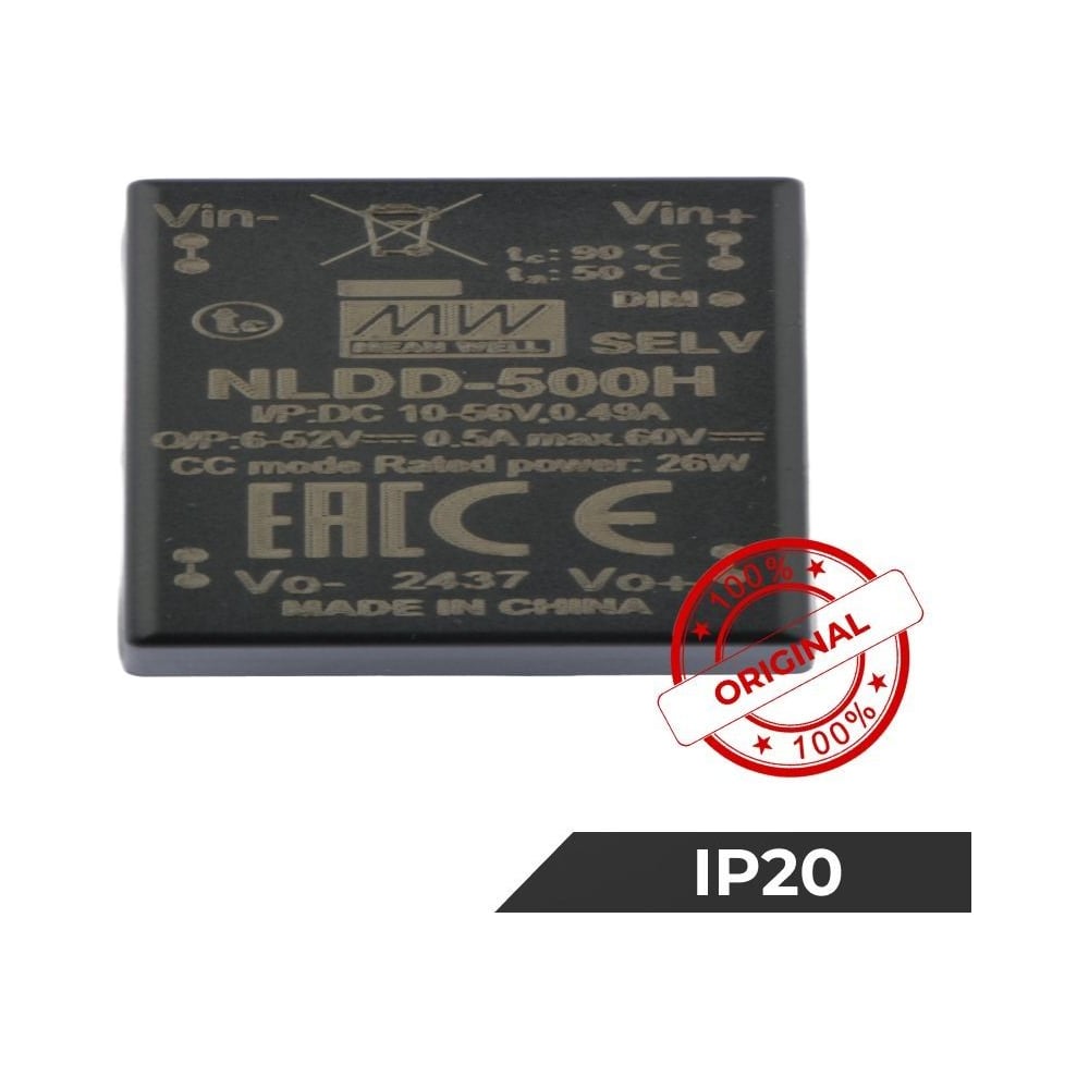 Понижающий DC/DC LED-драйвер на печатную плату MEAN WELL NLDD-500H с диммингом ШИМ, стабилизацией тока 26 Вт 52 В 0.5 А 5298542