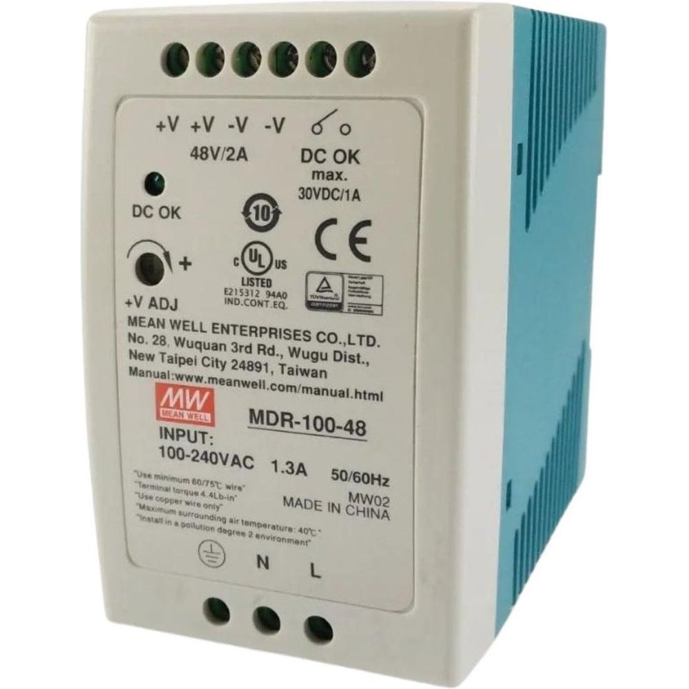 Блок питания на DIN-рейку MEAN WELL MDR-100-48 96Вт 48В 2А с регулировкой напряжения, модульный, для промышленного оборудования и автоматизации производства 289001