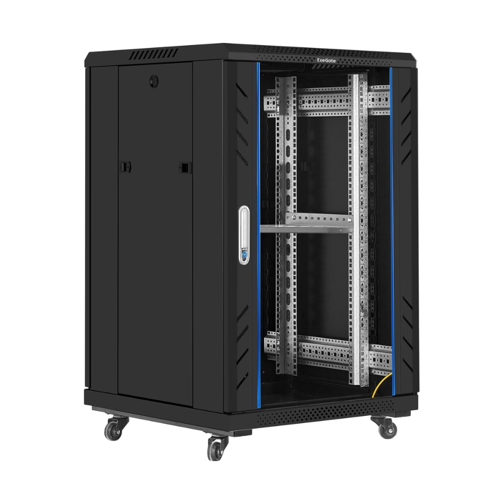 Шкаф телекоммуникационный ExeGate 19 напольный 18U EC-FS-18U.600.600.G.BLACK 19”, 18U, 600x600x987mm ШхГхВ , передняя дверь закаленное стекло 301398