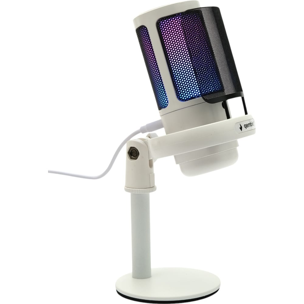 Микрофон конденсаторный Gembird подсветка RGB, шумоподавление, настольный держатель, белый M-01NW