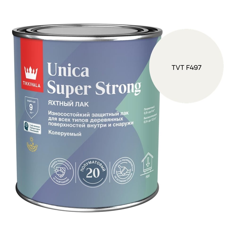 Изображение товара Лак универсальный Tikkurila UNICA SUPER STRONG EP полуматовый 0,9л 700014011_TVT F497 Изображение товара Лак универсальный Tikkurila UNICA SUPER STRONG EP полуматовый 0,9л 700014011_TVT F497