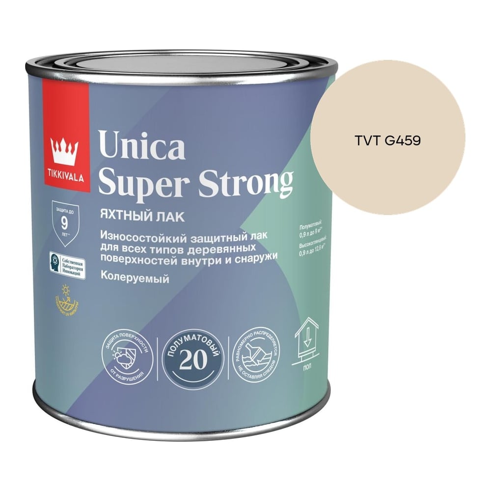 Изображение товара Лак универсальный Tikkurila UNICA SUPER STRONG EP полуматовый 0,9л 700014011_TVT G459 Изображение товара Лак универсальный Tikkurila UNICA SUPER STRONG EP полуматовый 0,9л 700014011_TVT G459