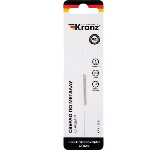 Изображение товара Сверло по металлу KRANZ 1,0x34x12 мм, DIN 338, сталь HSS, 2 шт. KR-91-0551