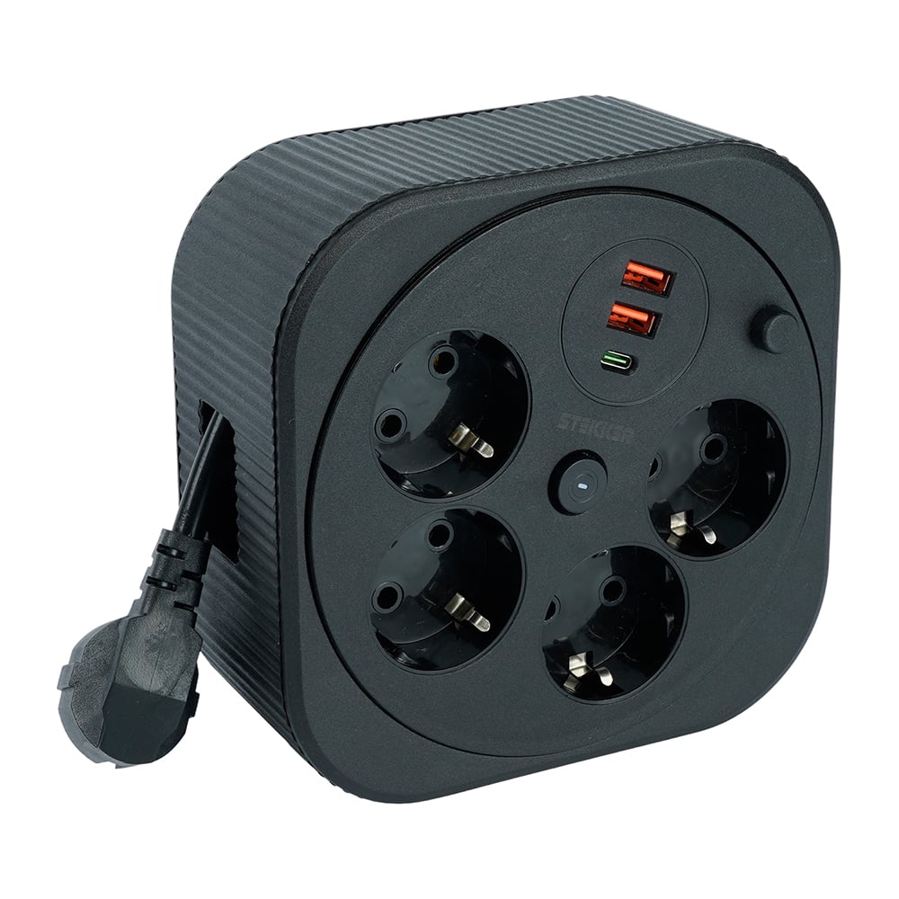 Удлинитель 4-местный STEKKER HM16-4-03-USB с заземлением, 3x1.5мм2, 3м, 230В, 16А, 2USB+1С, 2,4А, черный 50836