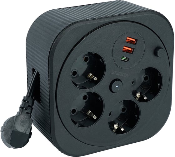 Изображение товара Удлинитель 4-местный STEKKER HM16-4-03-USB с заземлением, 3x1.5мм2, 3м, 230В, 16А, 2USB+1С, 2,4А, черный 50836
