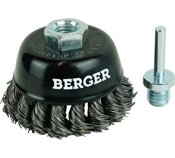 Изображение товара Кордщётка чашеобразная 75 мм, витая оцинкованная сталь 0.5 мм, М14, адаптер на 6 мм Berger BG BG1743