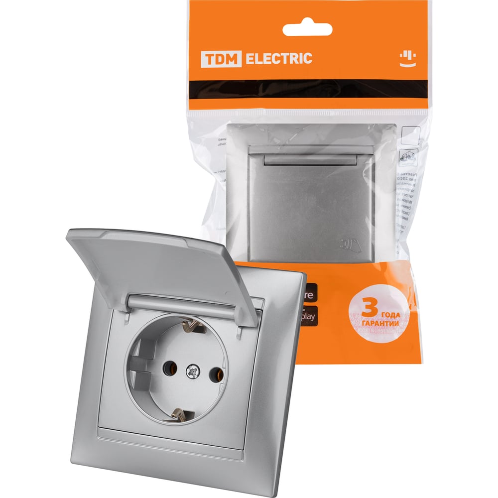 Изображение товара Розетка силовая TDM ELECTRIC 2П+З 16А 250В IP44 серебристая металлик