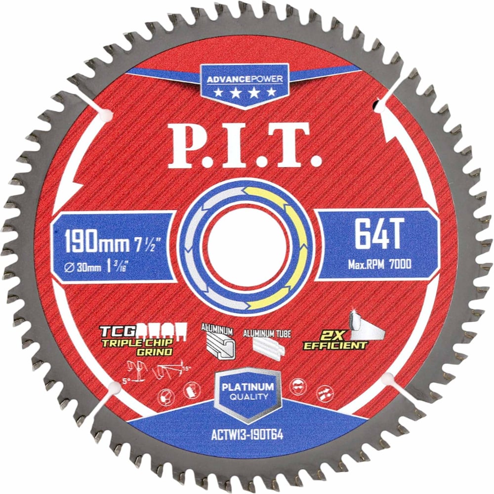 Изображение товара Диск пильный по алюминию P.I.T. ADVANCE 190x30x2.0 мм, 64T Carbide, зуб TCG 5 ACTW13-190T64 Изображение товара Диск пильный по алюминию P.I.T. ADVANCE 190x30x2.0 мм, 64T Carbide, зуб TCG 5 ACTW13-190T64