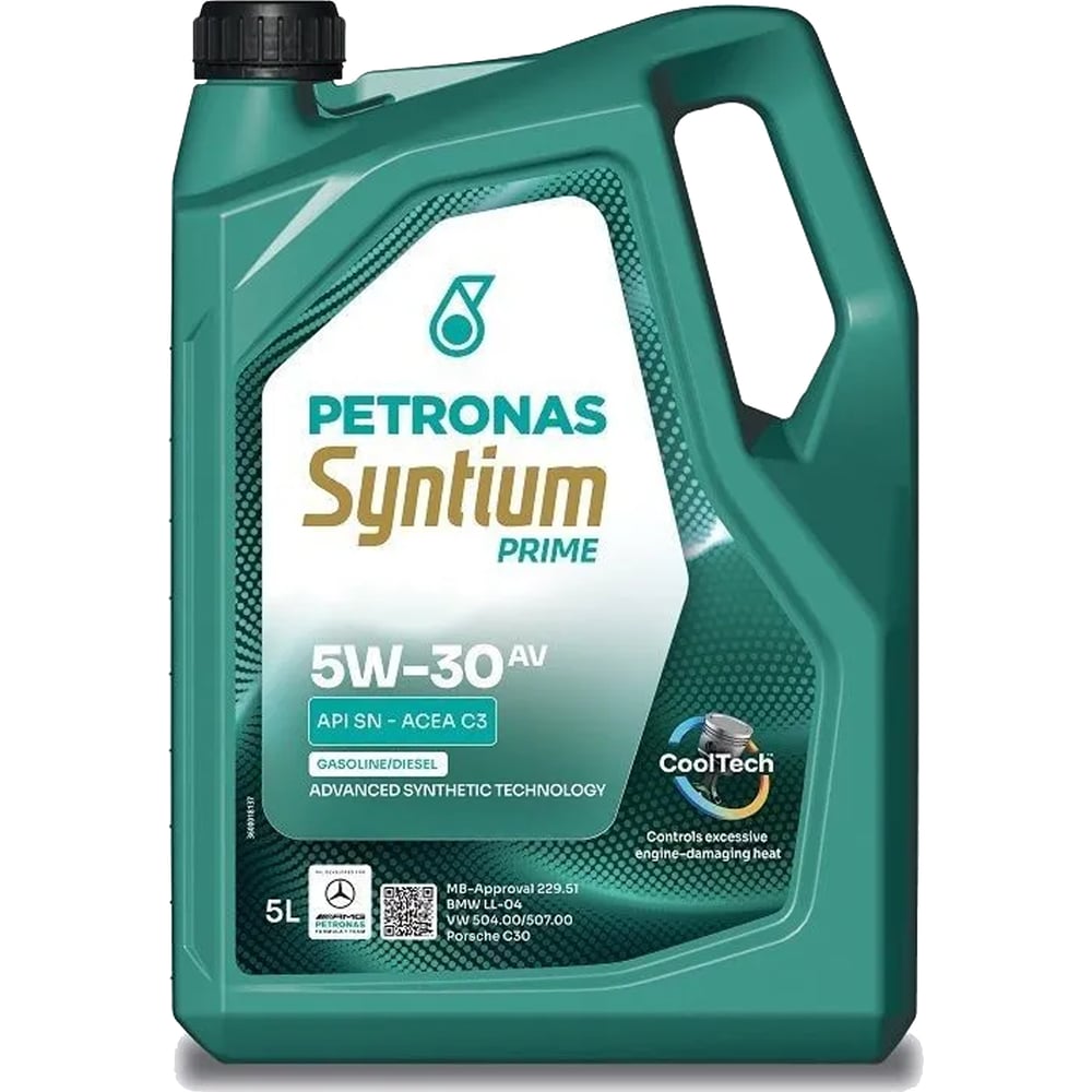 Изображение товара Моторное масло PETRONAS SYNTIUM PRIME AV 5W-30, синт., 5 л., API SN, ACEA C3, VW 504.00-507.00, MB Approval 229.51, BMW Longlife-04, Porsche C30. 71234M12EU
