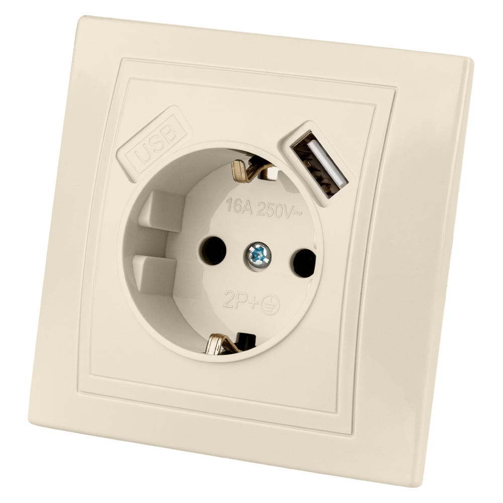 Изображение товара Розетка TDM ELECTRIC 2П+З с защитными шторками 16А 250В + USB 2,1А слоновая кость Таймыр SQ1814-014