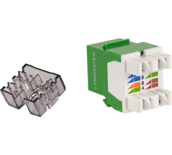 Изображение товара Модуль Keystone LANMASTER RJ45, неэкранированный, кат.5E, со встроенной шторкой, 180 градусов, зеленый LAN-OK45U5E/180R-GN
