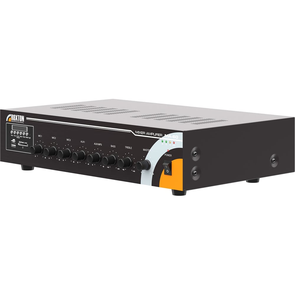 Изображение товара Усилитель-микшер Roxton MA-60 60 Вт, 100/70В и 8 Ом, MP3/USB/SD и FM-тюнер, 3 микр/2 линейных входа, линейный выход, 220В 00-00015712