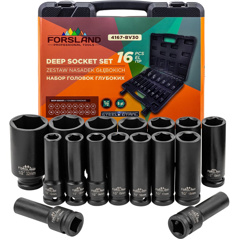 Изображение товара Головки глубокие Forsland 1/2, набор 16 предметов (6 граней), 4167-BV30(68525) Изображение товара Головки глубокие Forsland 1/2, набор 16 предметов (6 граней), 4167-BV30(68525)