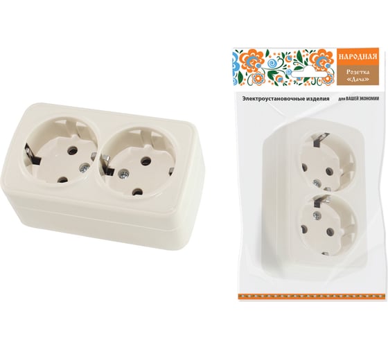 Изображение товара Розетка двойная TDM ELECTRIC слоновая кость 2П+3 открытой установки IP20 16А, серия "Дача" Народная SQ1824-0023