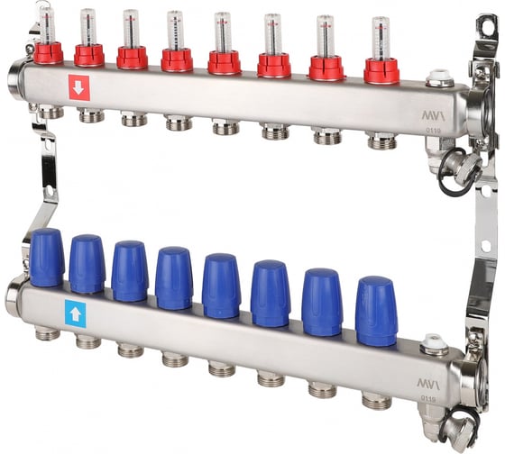 Изображение товара Коллектор MVI из нержавеющей стали, в сборе с расходомерами, дренажным краном и воздухоотводчиком MS.708.06