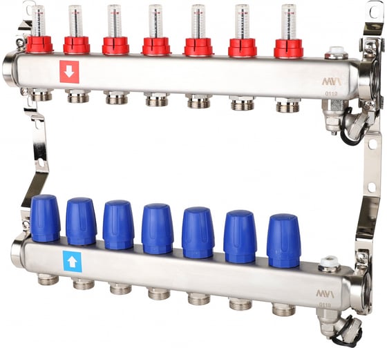 Изображение товара Коллектор MVI из нержавеющей стали в сборе с расходомерами, дренажным краном и воздухоотводчиком MS.707.06