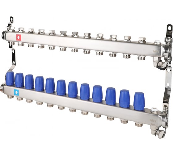 Изображение товара Коллектор MVI из нержавеющей стали в сборе без расходомеров, с дренажным краном и воздухоотводчиком MS.612.06