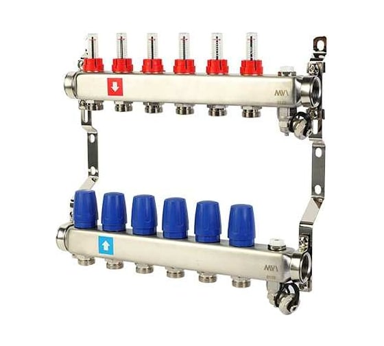 Изображение товара Коллектор MVI из нержавеющей стали в сборе с расходомерами, дренажным краном и воздухоотводчиком MS.706.06