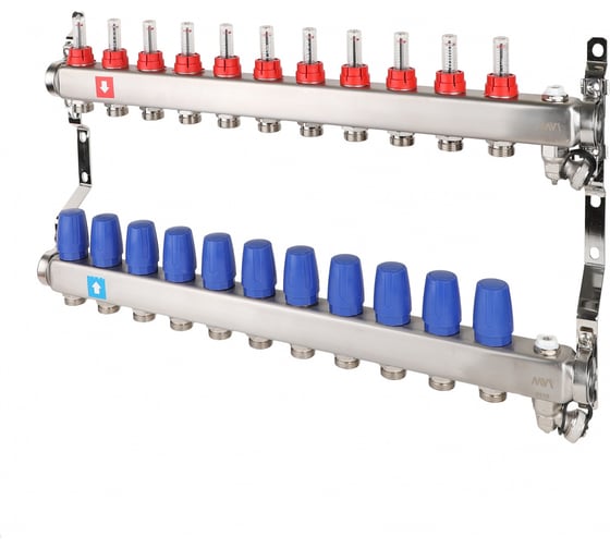 Изображение товара Коллектор MVI из нержавеющей стали, в сборе с расходомерами, дренажным краном и воздухоотводчиком MS.711.06