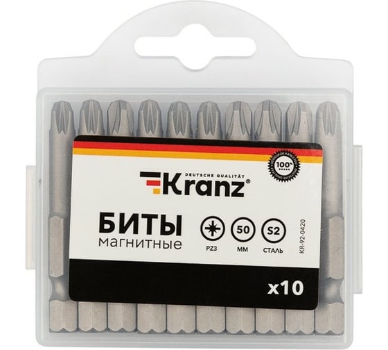 Изображение товара Бита (10 шт; PZ3x50 мм; сталь S2) для шуруповерта KRANZ KR-92-0420