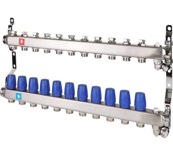 Изображение товара Коллектор MVI из нержавеющей стали, в сборе без расходомеров, с дренажным краном и воздухоотводчиком MS.611.06