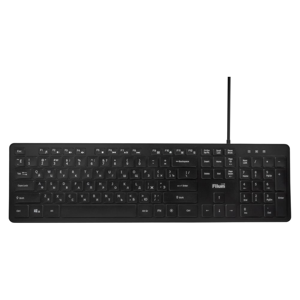 Изображение товара Клавиатура Filum FL-KB25-BK USB 104 кл., проводная, низкопрофильная, мембранная, LED, черная, с подсветкой 3 уровня, Windows XP/Vista/7/8/10, MacOS 00-01092759 Изображение товара Клавиатура Filum FL-KB25-BK USB 104 кл., проводная, низкопрофильная, мембранная, LED, черная, с подсветкой 3 уровня, Windows XP/Vista/7/8/10, MacOS 00-01092759