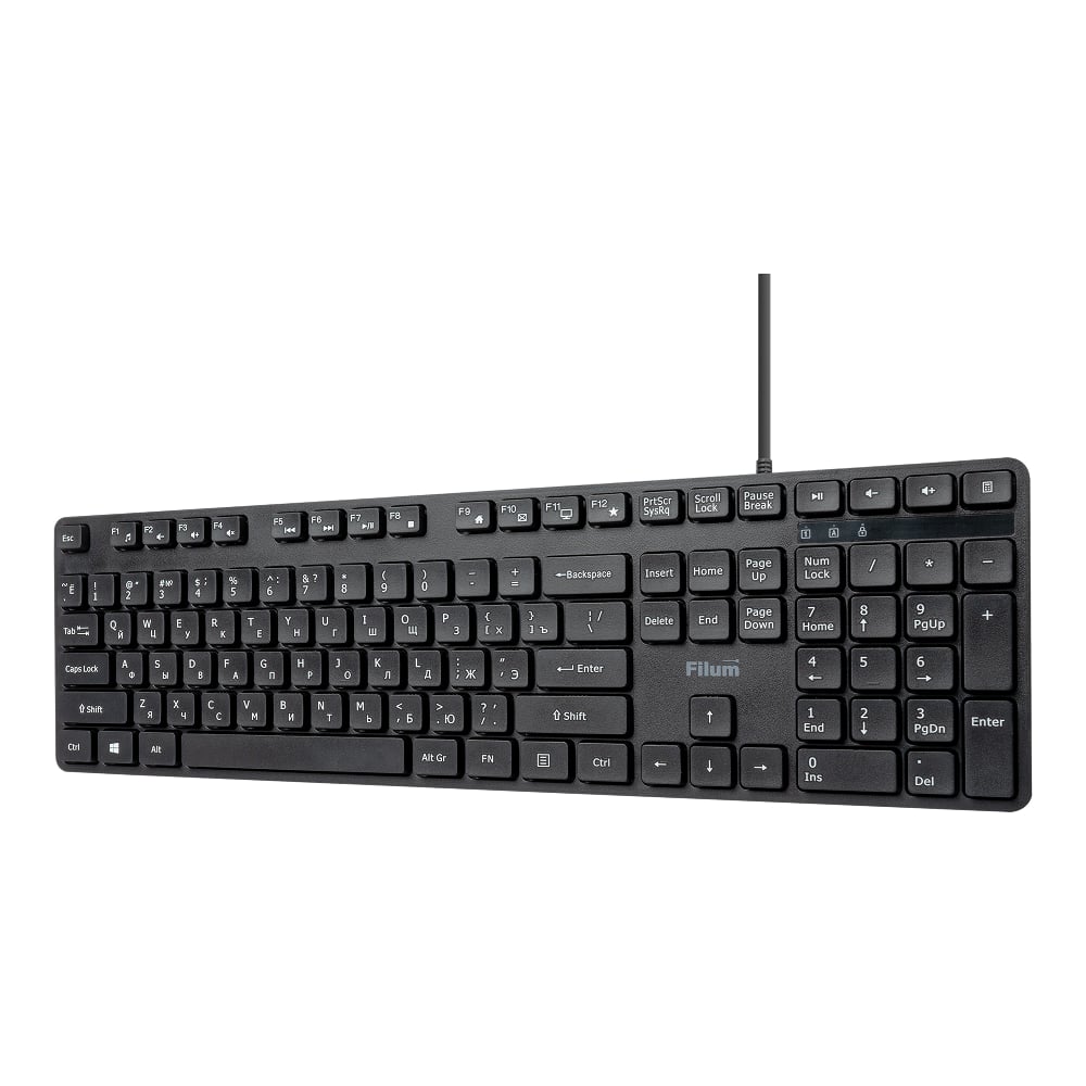 Изображение товара Клавиатура Filum FL-KB15-BK USB 108 кл., проводная, низкопрофильная, бесшумная, мембранная, черная, Windows XP/Vista/7/8/10, MacOS длина кабеля: 1,5м 00-01092757