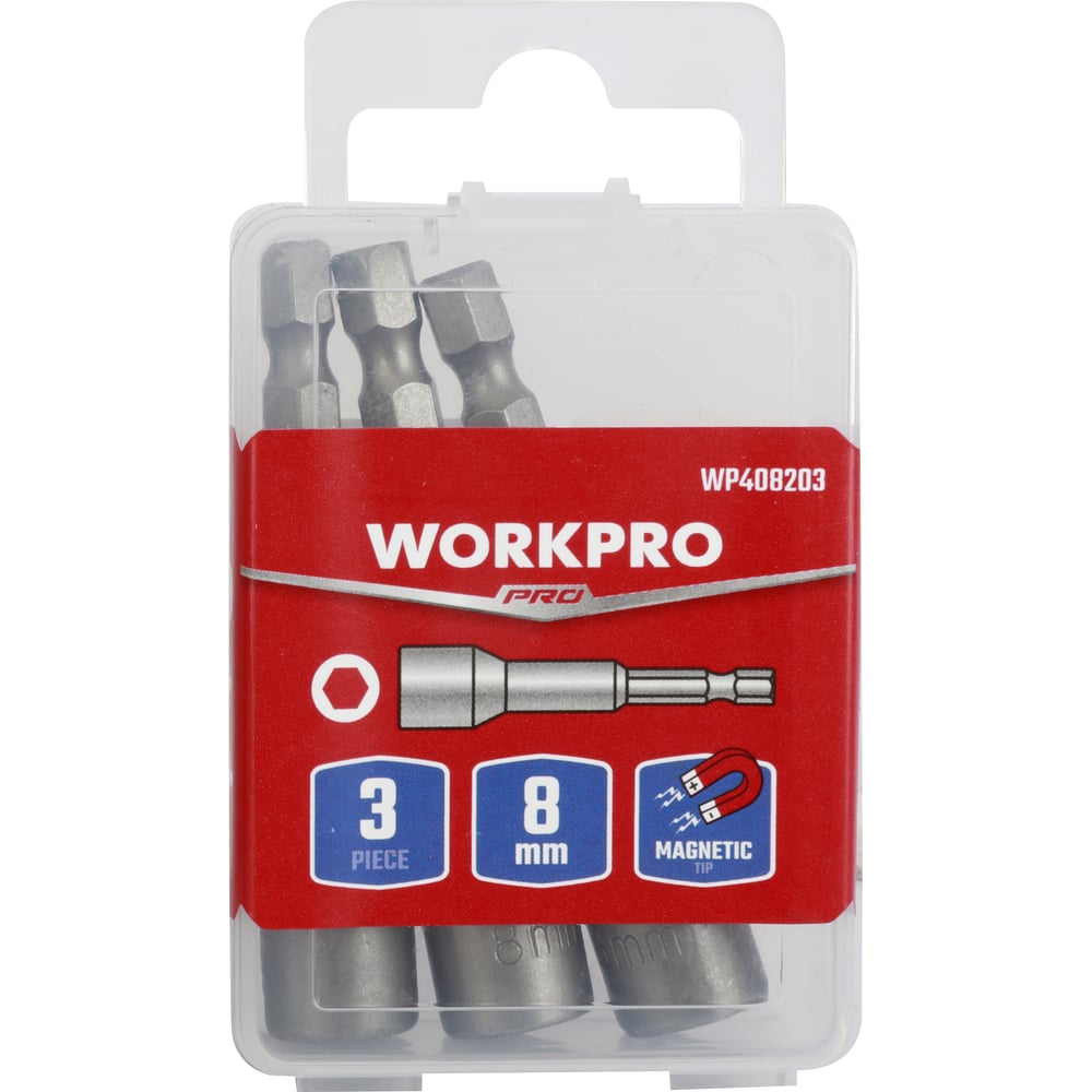 Изображение товара Головка магнитная Workpro 8мм (65мм, хвостовик HEX 1/4) 3шт WP408203