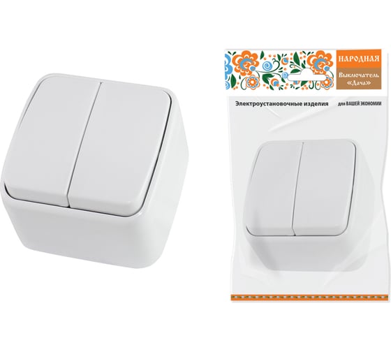 Изображение товара 2-клавишный выключатель TDM ELECTRIC открытой установки IP20 10А, белый Дача Народная SQ1824-0002