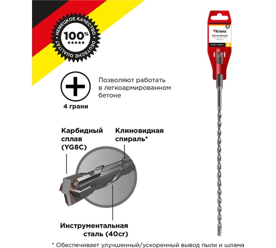 Изображение товара Бур по бетону (6x260x200 мм; 4 грани; SDS-Plus) KRANZ KR-91-0804