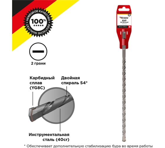 Изображение товара Бур по бетону KRANZ 8x310x250 мм, хвостовик SDS-plus KR-91-0025