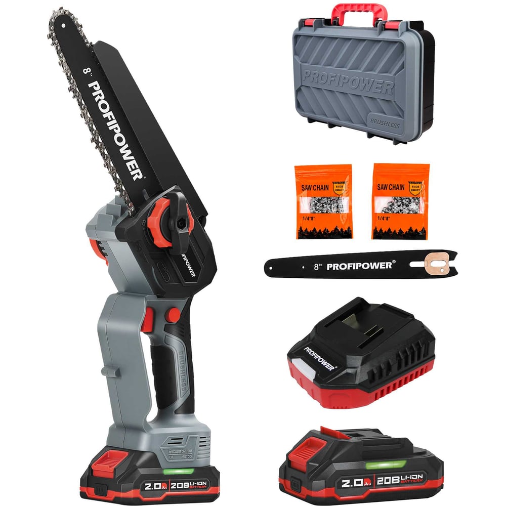 Аккумуляторная бесщеточная цепная пила Profipower MKGSH-20V (20В,Li-ion-2шт, 2.0Ач, 20см, 8,2шт-цепи,45 звеньев, 0-4800 об/мин, З/У, в коробке) E0216M1
