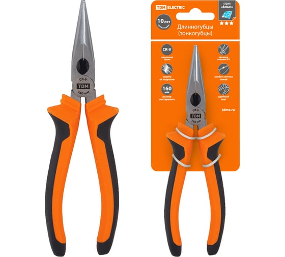 Изображение товара Длинногубцы тонкогубцы TDM ELECTRIC с двухкомпонентными рукоятками, CR-V сталь, 160 мм, серия "Алмаз" SQ1011-0202